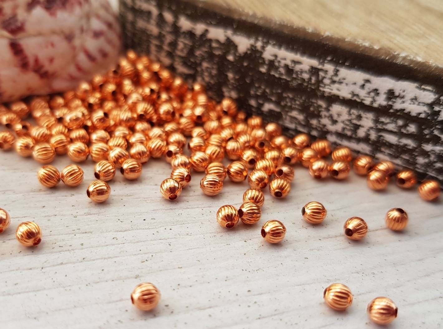 50 Pcs of 3mm Copper Melon Beads | Genuine Copper Corrugated Beads