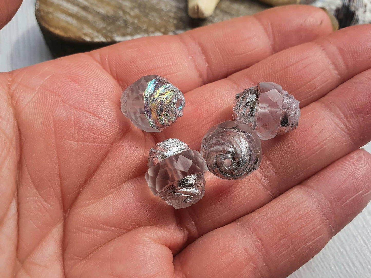 15 x 13mm Transparent Turbine Beads with AB and Etched Finishes | 5 Beads