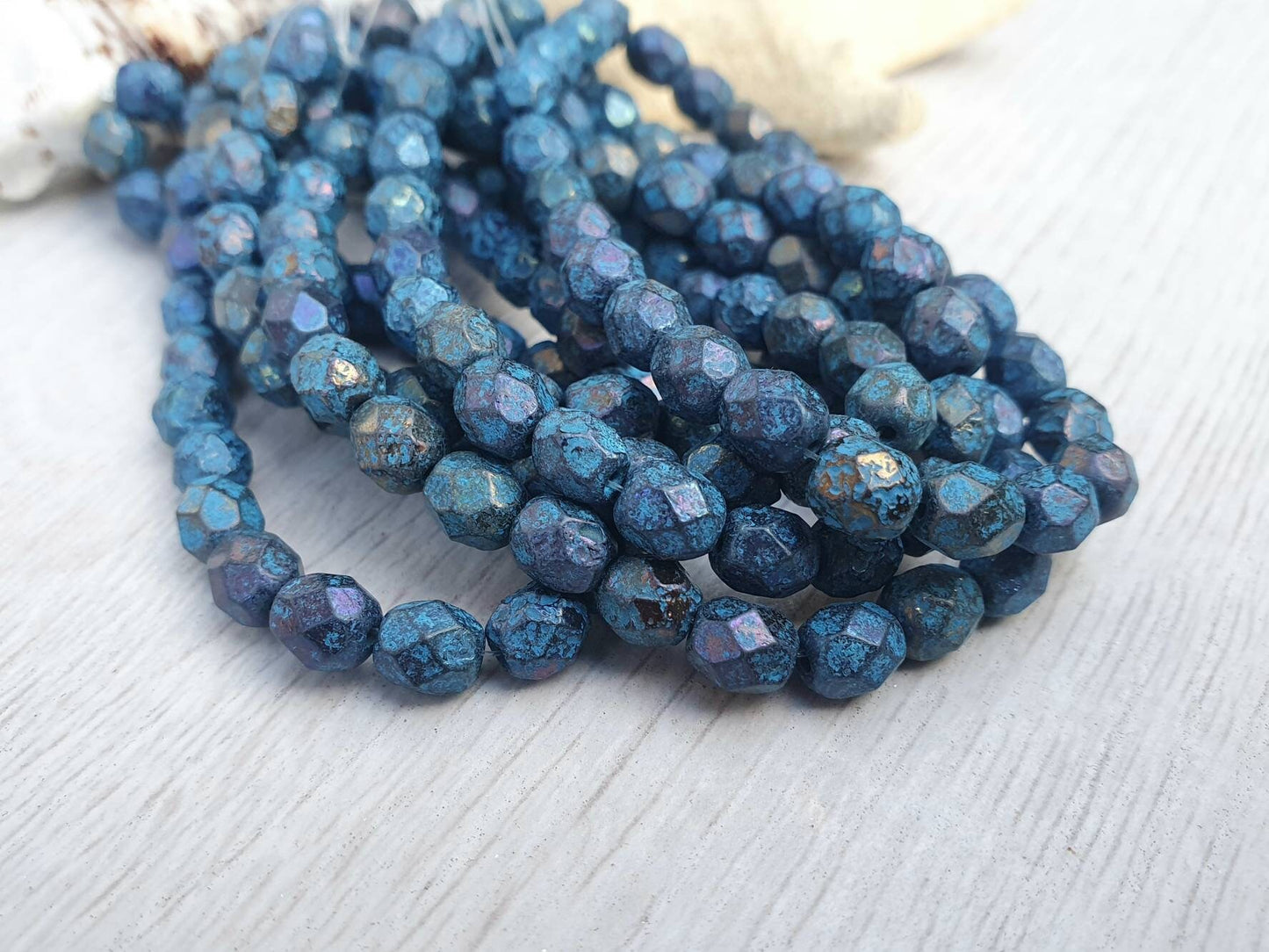 6mm Black with Blue Wash and Etched Finish| Czech Glass Fire Polish Beads | Metallic Beads | 25 Pcs