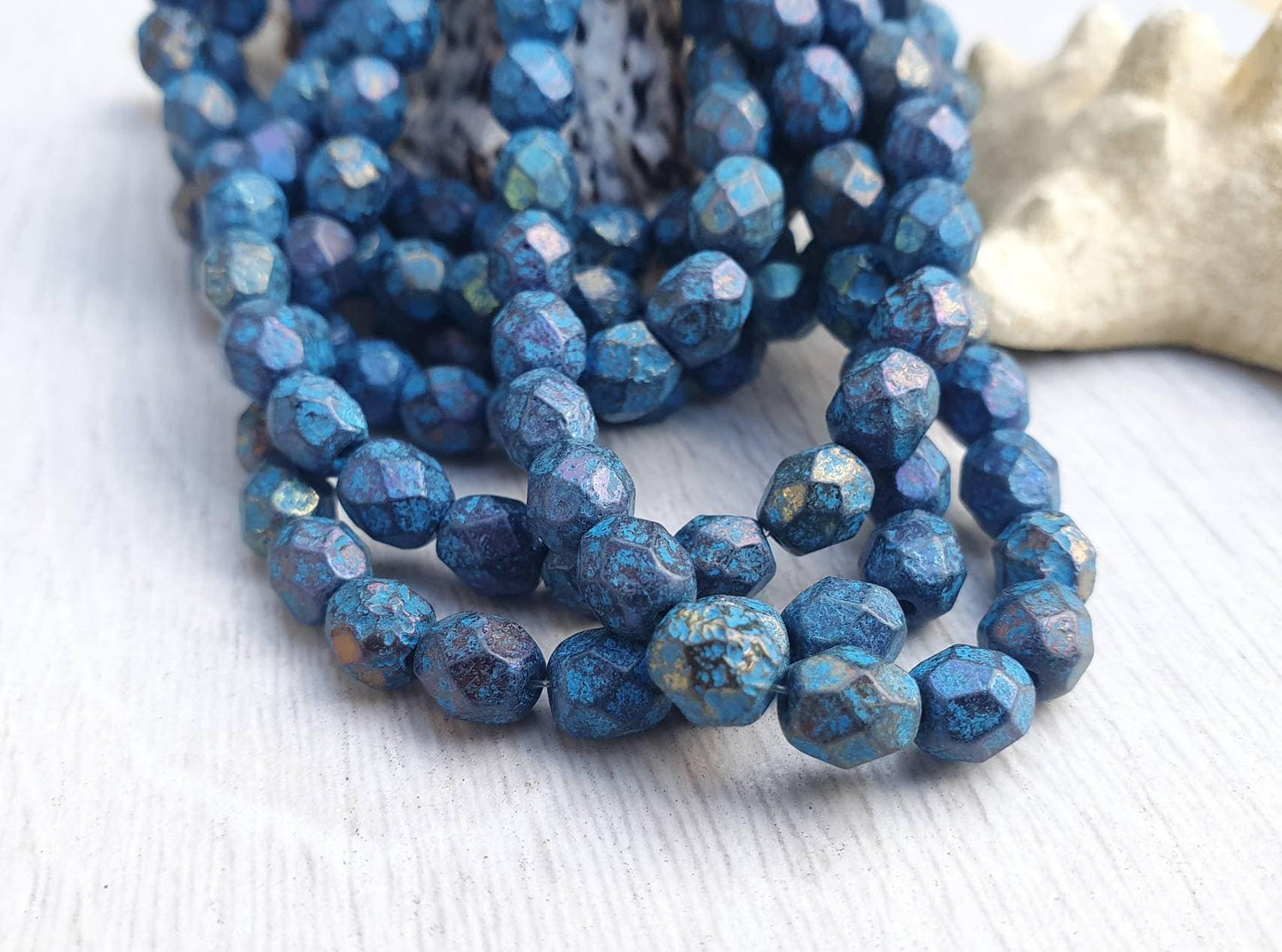 6mm Black with Blue Wash and Etched Finish| Czech Glass Fire Polish Beads | Metallic Beads | 25 Pcs