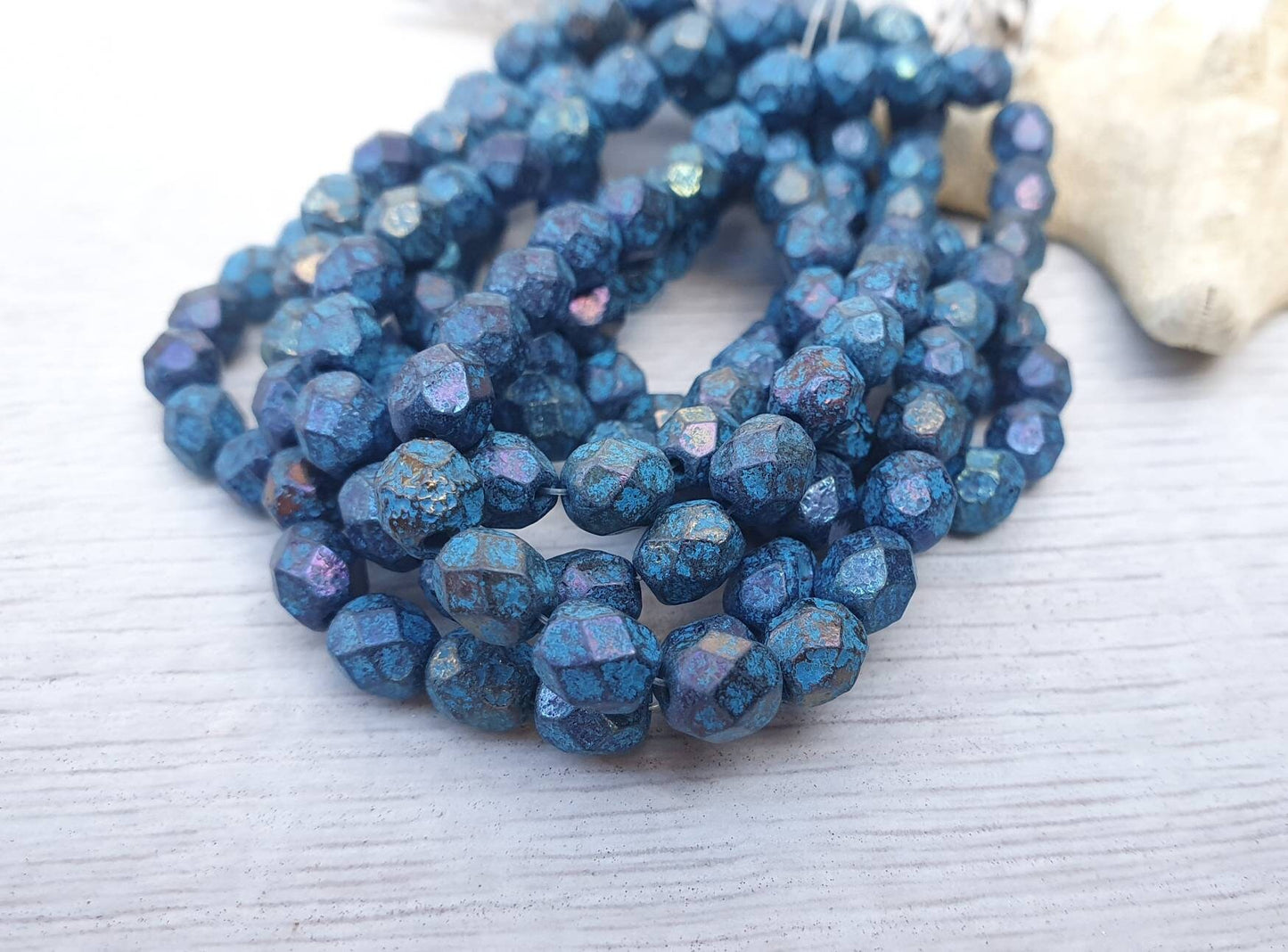 6mm Black with Blue Wash and Etched Finish| Czech Glass Fire Polish Beads | Metallic Beads | 25 Pcs