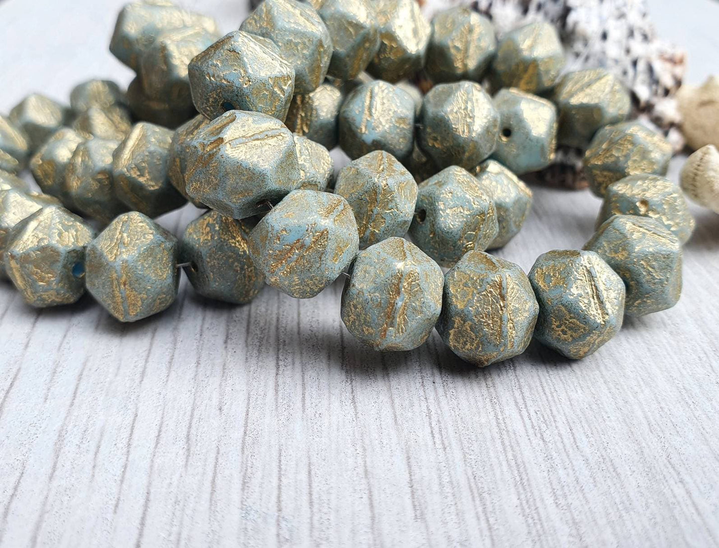 10mm Tea Green With a Gold Wash and Etched Finish | English Cut Beads | Full Strand of 15 Beads