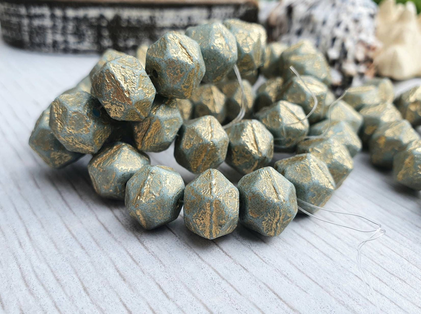 10mm Tea Green With a Gold Wash and Etched Finish | English Cut Beads | Full Strand of 15 Beads