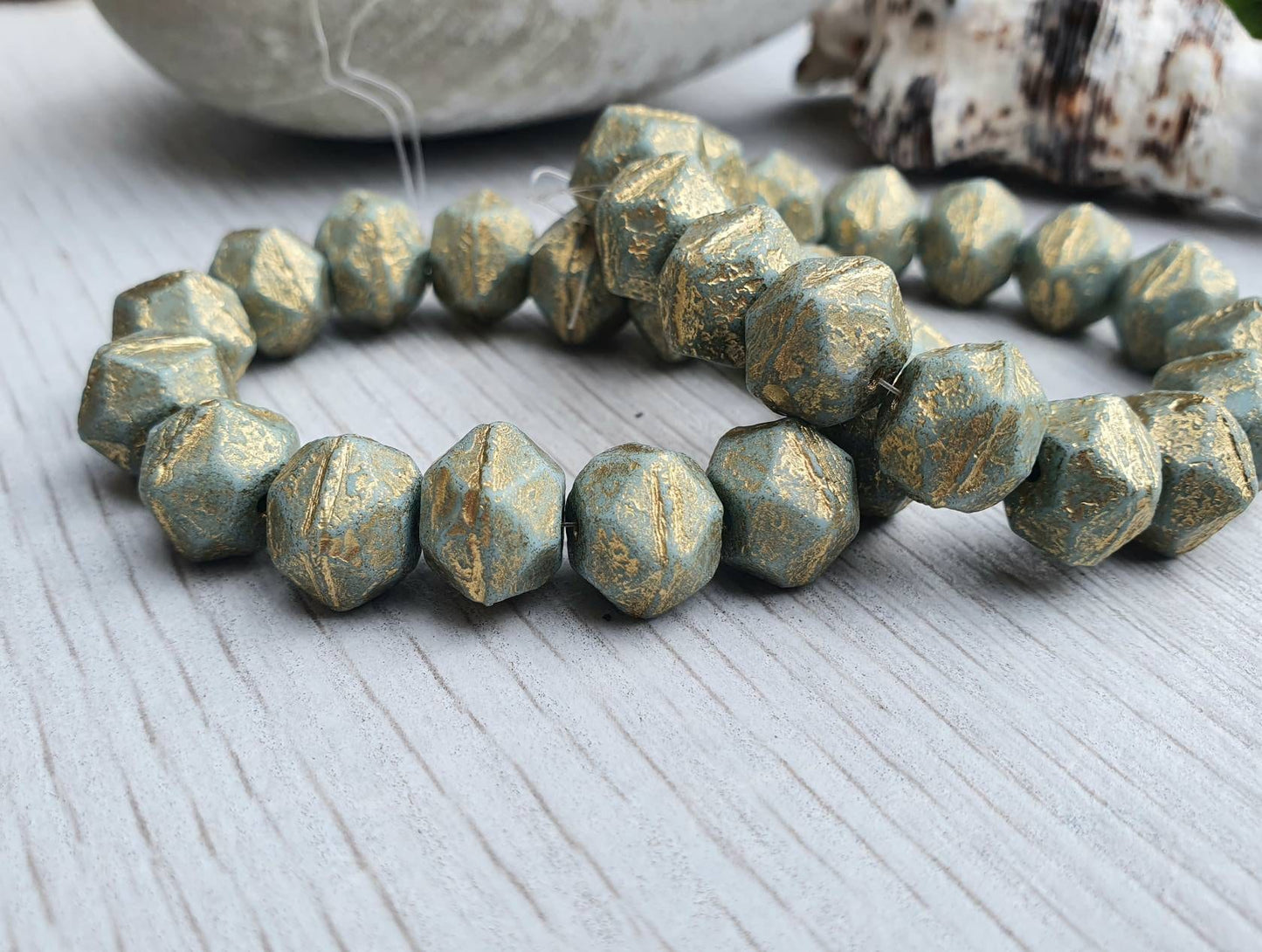 10mm Tea Green With a Gold Wash and Etched Finish | English Cut Beads | Full Strand of 15 Beads