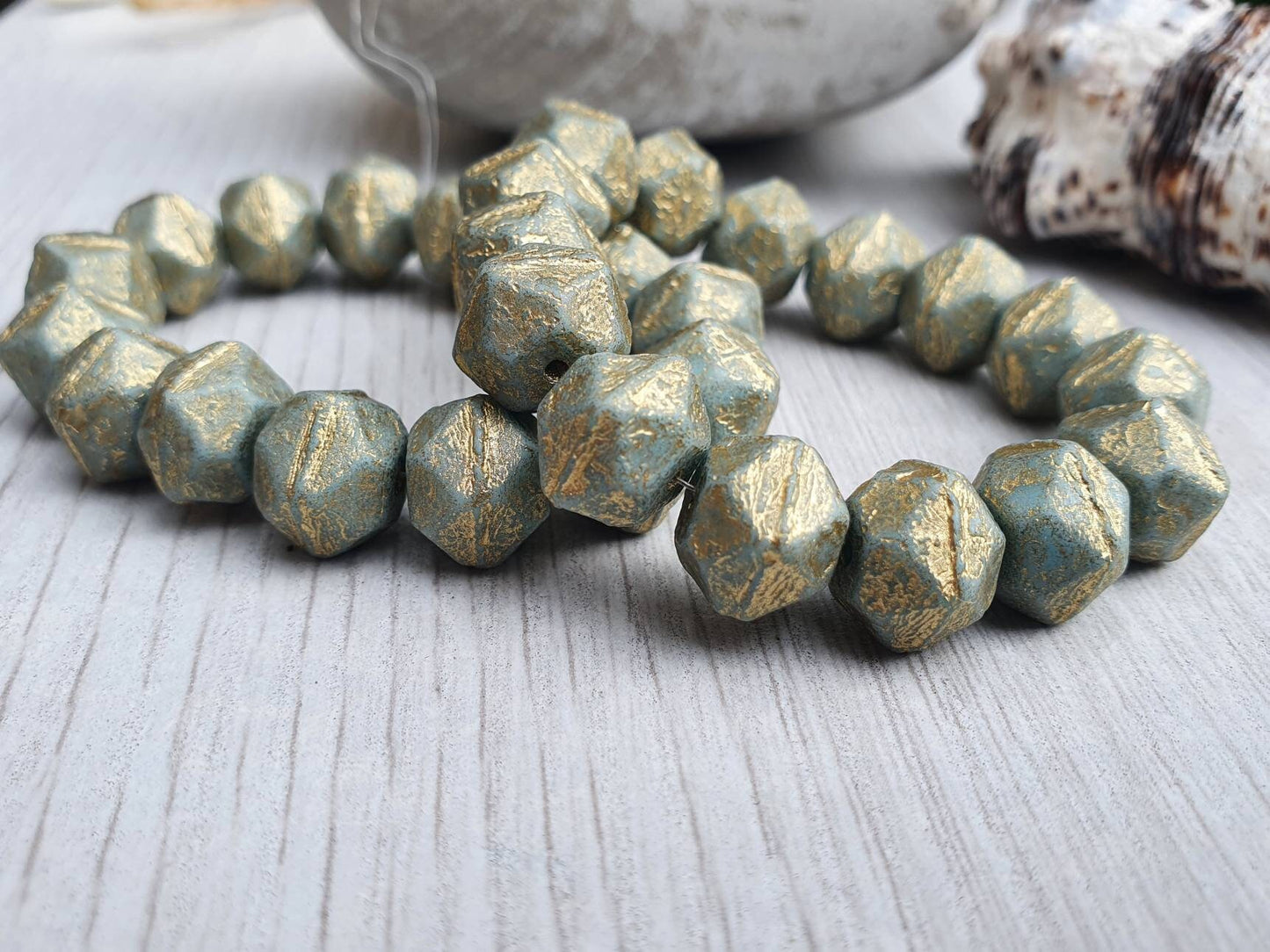 10mm Tea Green With a Gold Wash and Etched Finish | English Cut Beads | Full Strand of 15 Beads