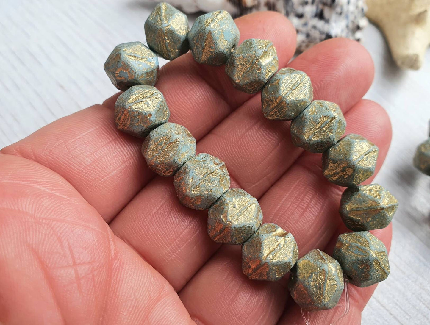 10mm Tea Green With a Gold Wash and Etched Finish | English Cut Beads | Full Strand of 15 Beads