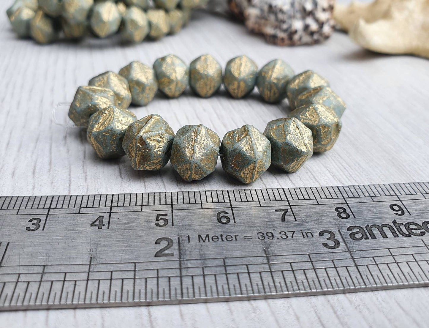 10mm Tea Green With a Gold Wash and Etched Finish | English Cut Beads | Full Strand of 15 Beads