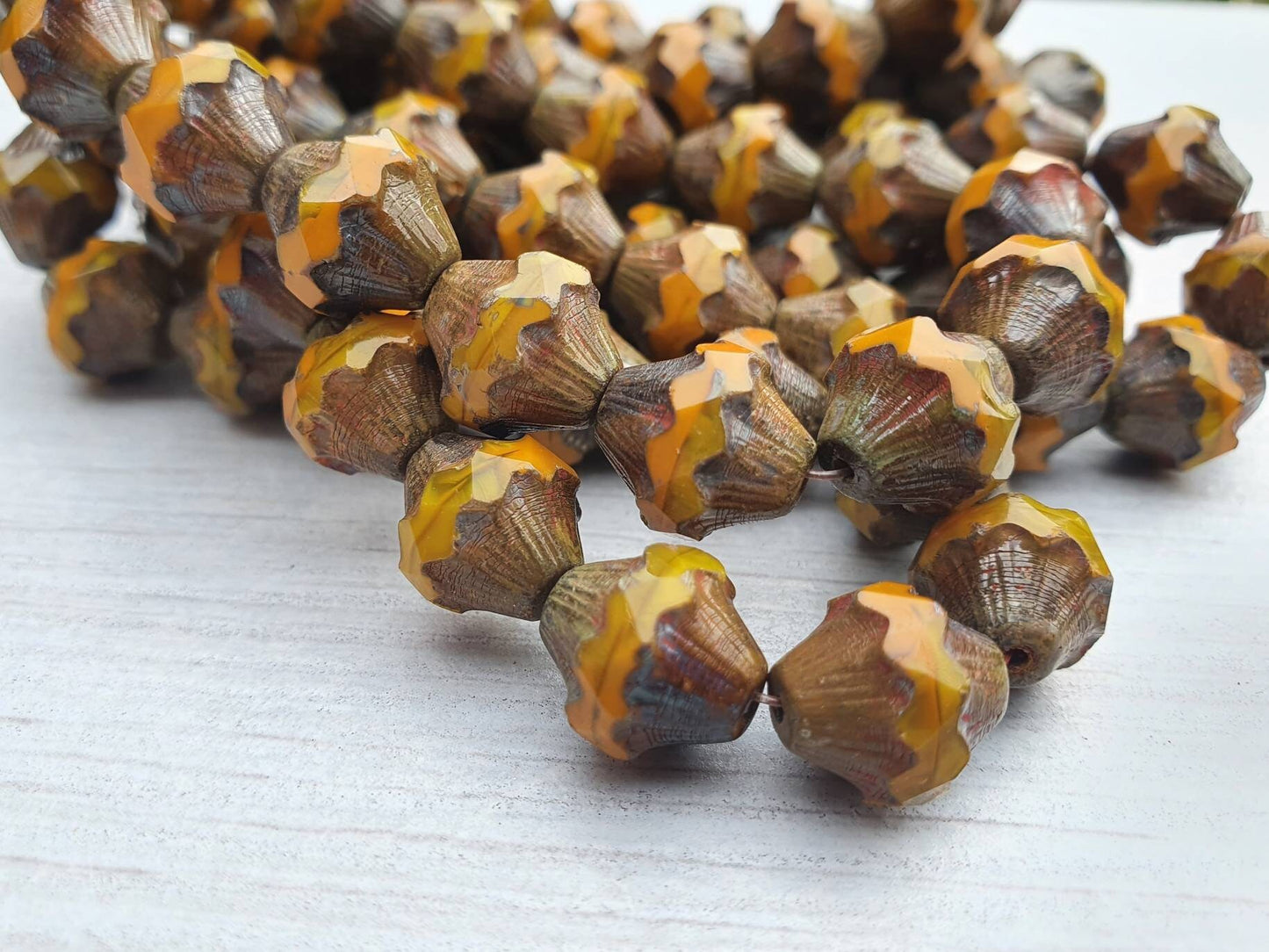 10 x 11mm Baroque Bicone Beads in Yellow Gold and Pumpkin with a Picasso Finish | 10 Beads