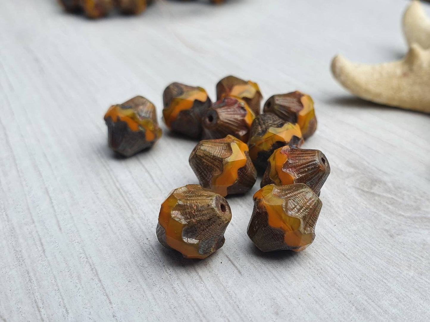 10 x 11mm Baroque Bicone Beads in Yellow Gold and Pumpkin with a Picasso Finish | 10 Beads