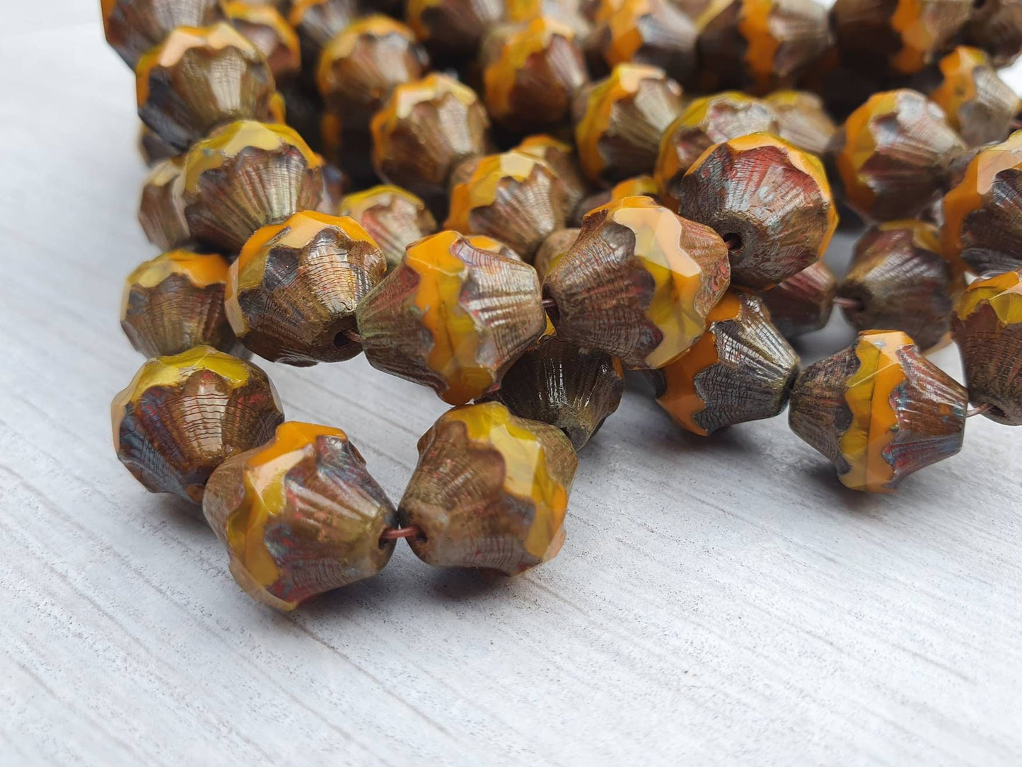 10 x 11mm Baroque Bicone Beads in Yellow Gold and Pumpkin with a Picasso Finish | 10 Beads
