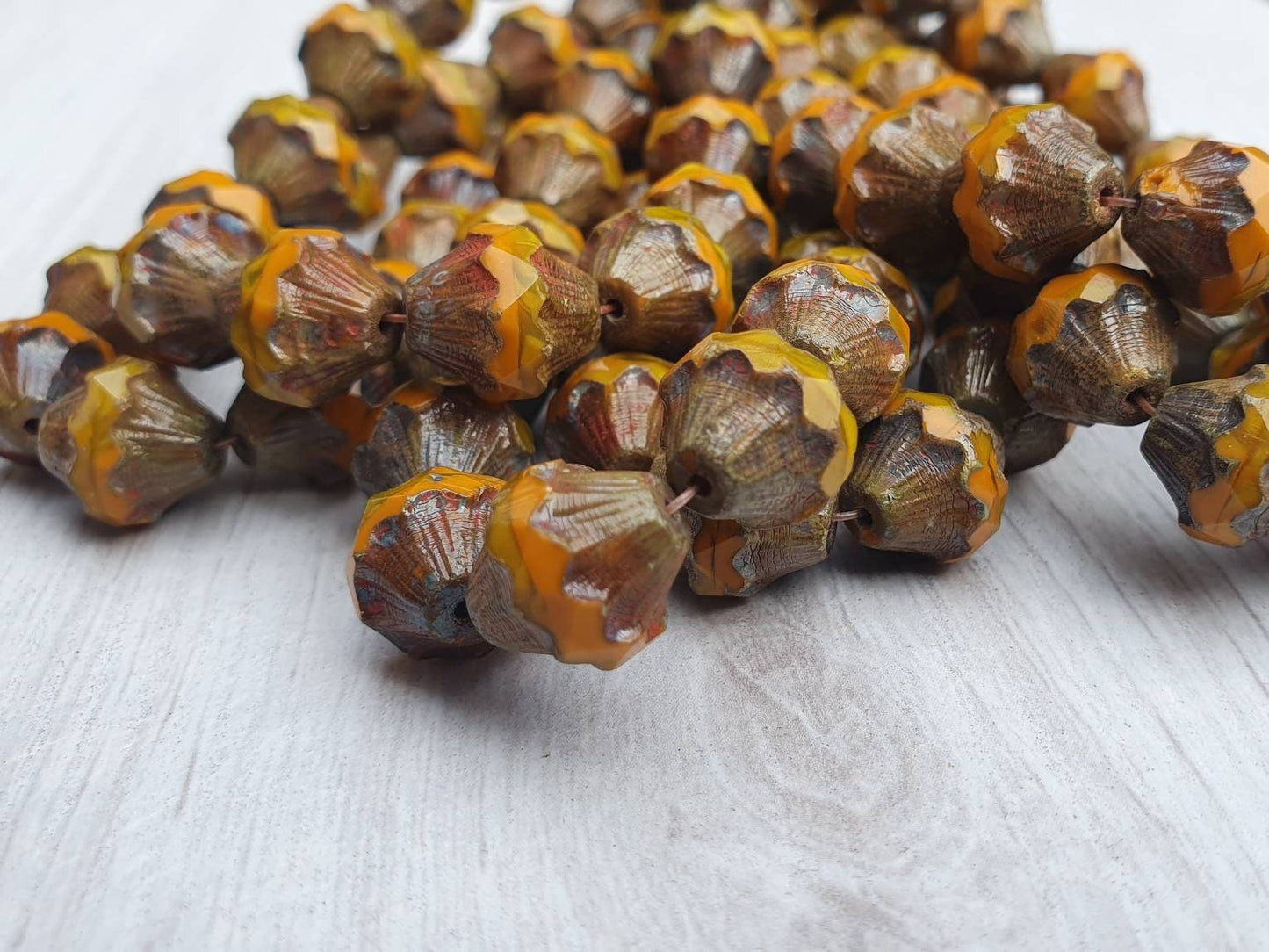 10 x 11mm Baroque Bicone Beads in Yellow Gold and Pumpkin with a Picasso Finish | 10 Beads