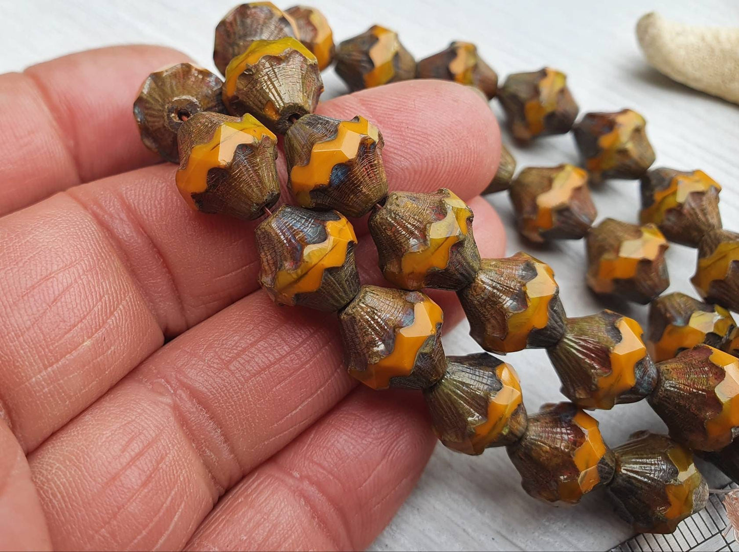 10 x 11mm Baroque Bicone Beads in Yellow Gold and Pumpkin with a Picasso Finish | 10 Beads