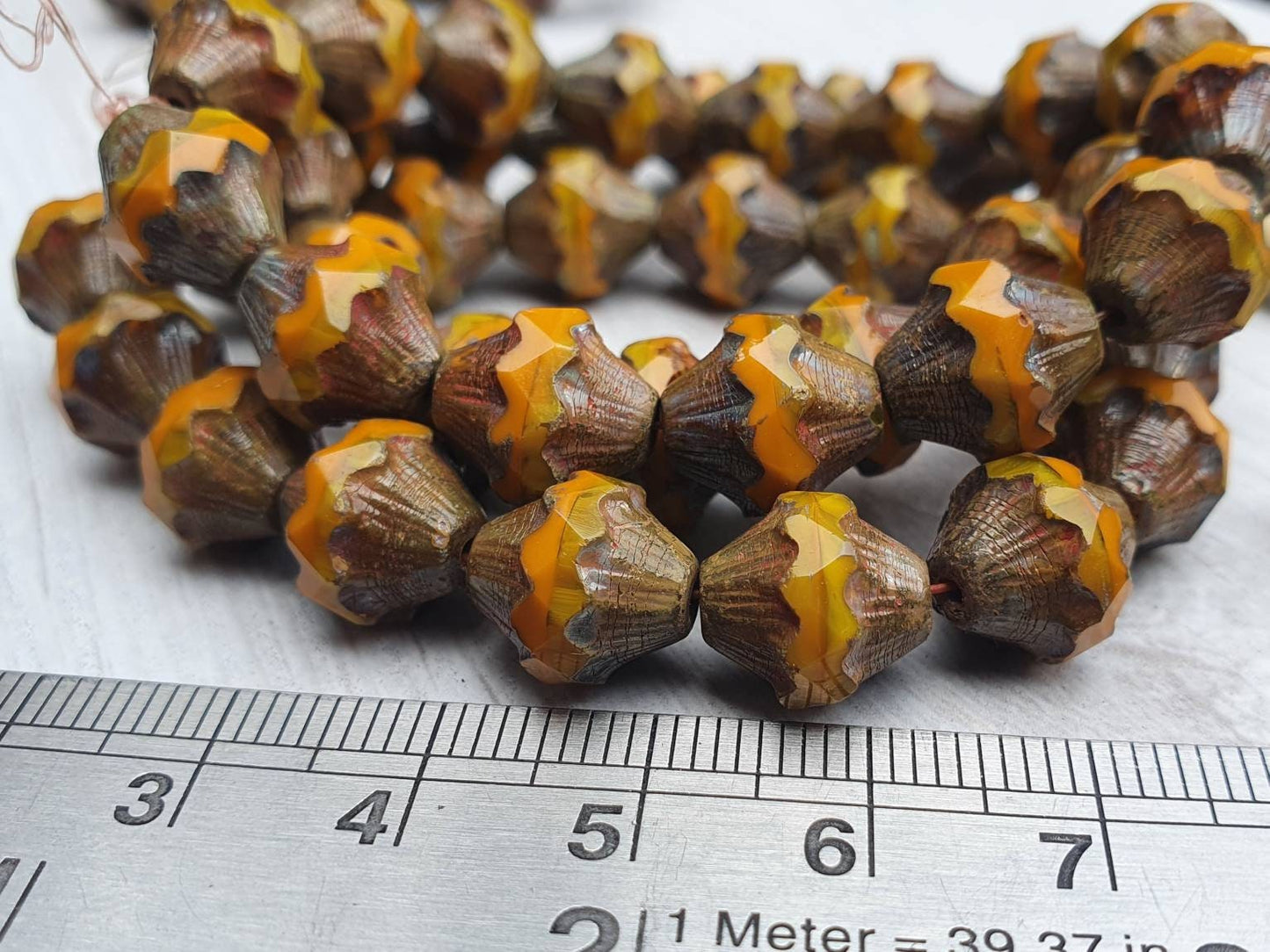 10 x 11mm Baroque Bicone Beads in Yellow Gold and Pumpkin with a Picasso Finish | 10 Beads