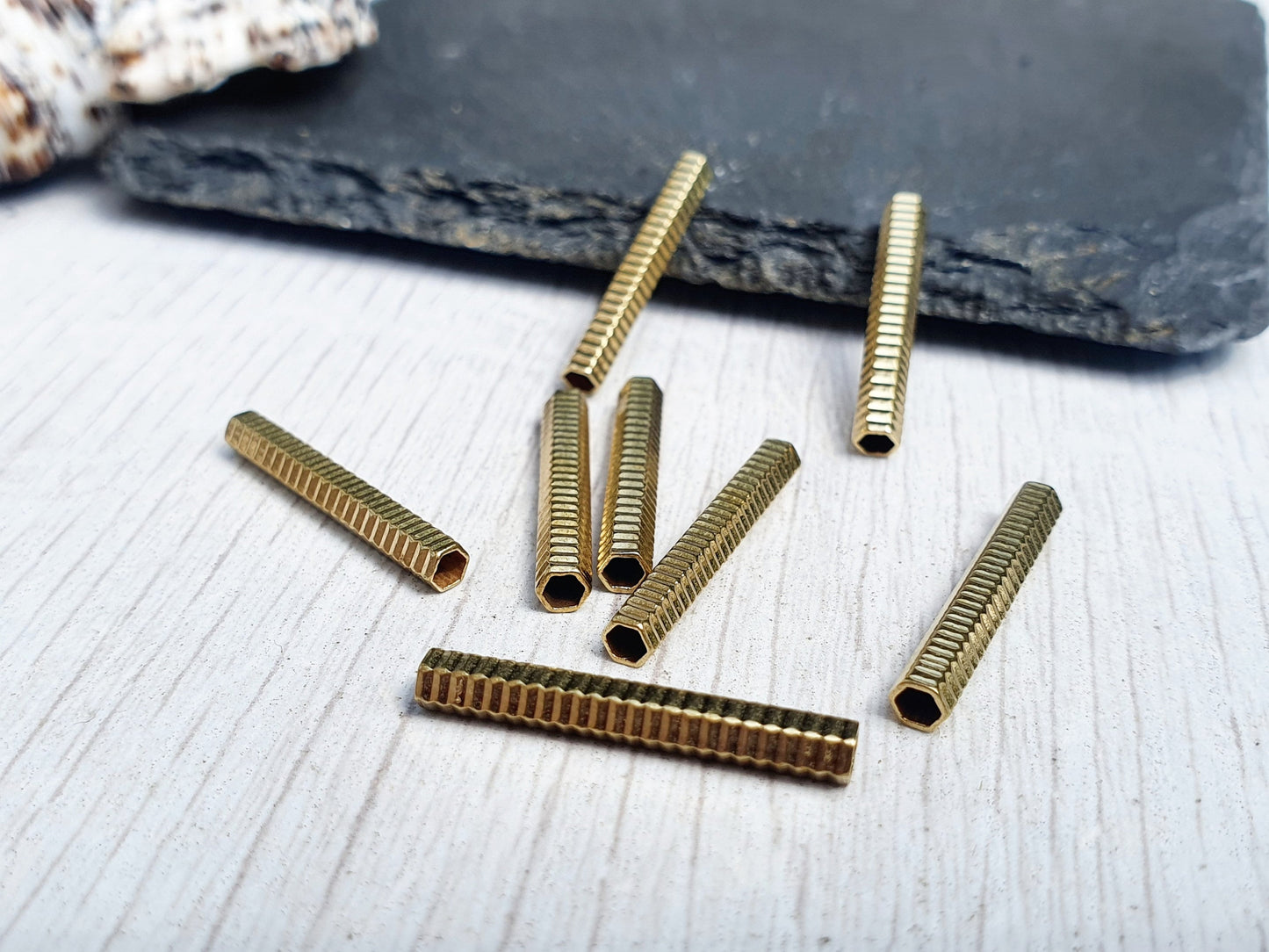 22 x 3mm Raw Brass Ribbed Hexagon Tube Beads | Tubular Spacer Beads | 8 Pcs