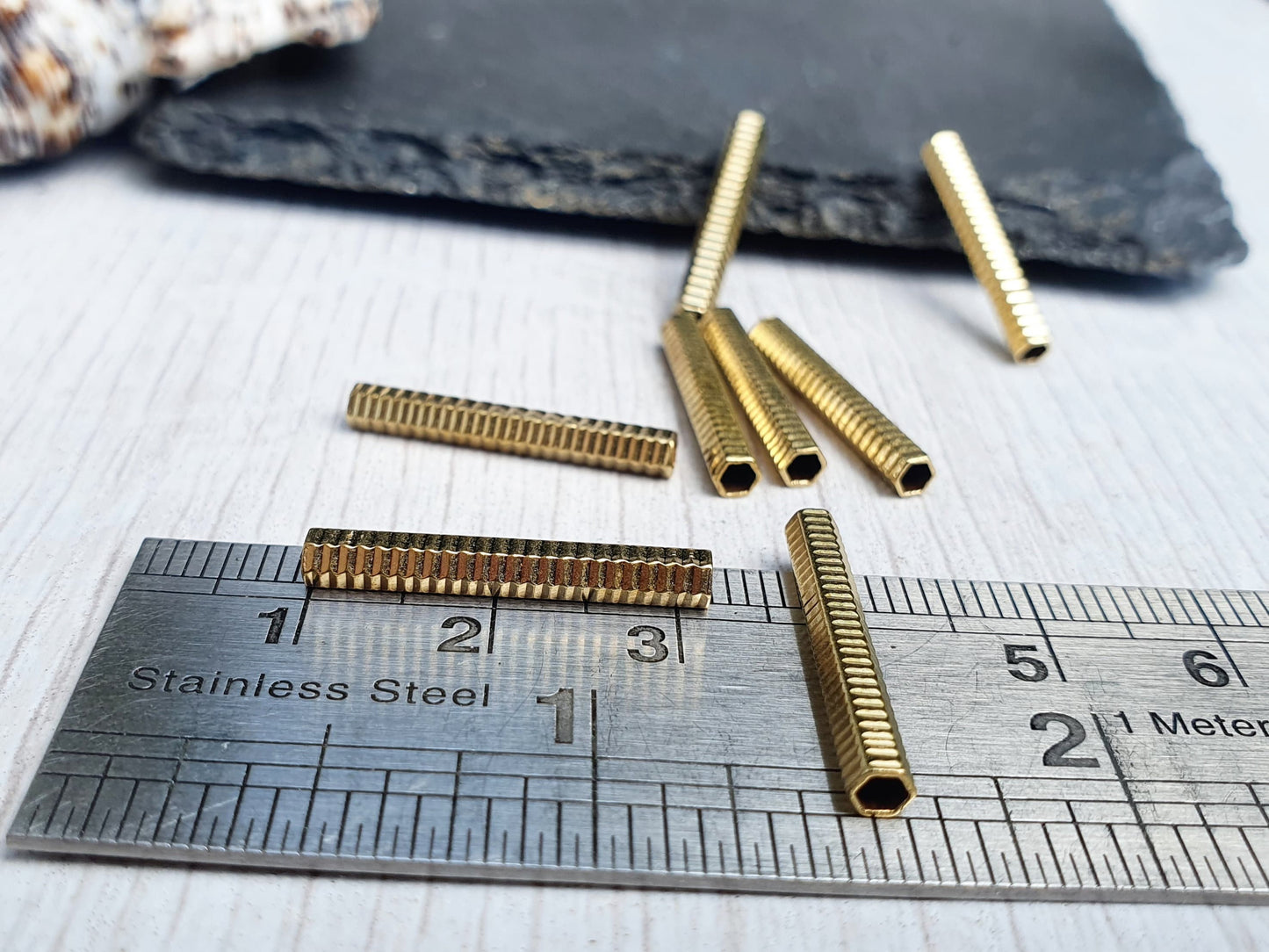 22 x 3mm Raw Brass Ribbed Hexagon Tube Beads | Tubular Spacer Beads | 8 Pcs
