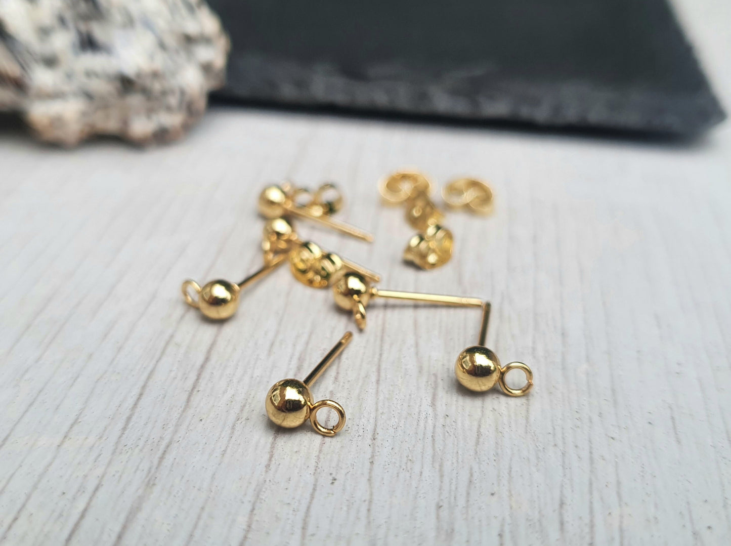 4mm Gold Plated Stainless Steel Ball Studs with Loops | 3 Pairs