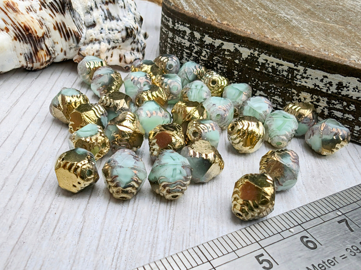 10 x 8 mm Spring Green With Gold and Bronze Finish Facetted Bicone Beads | 6 Beads
