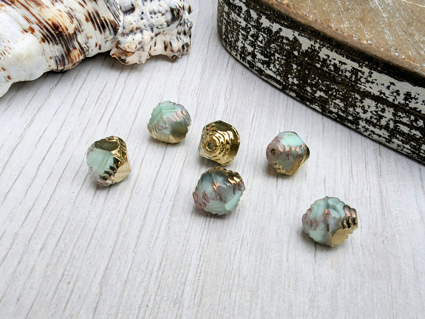 10 x 8 mm Spring Green With Gold and Bronze Finish Facetted Bicone Beads | 6 Beads