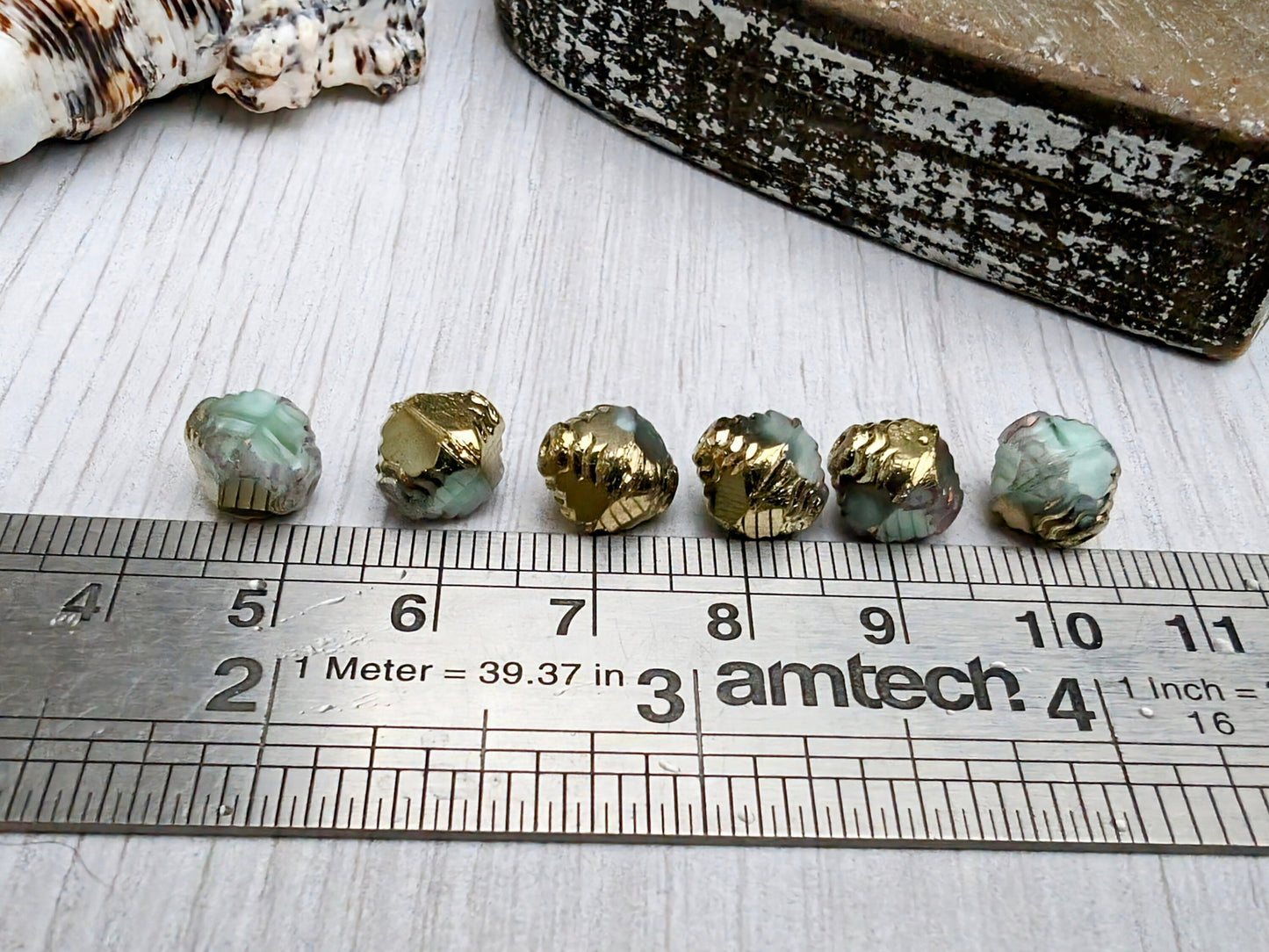 10 x 8 mm Spring Green With Gold and Bronze Finish Facetted Bicone Beads | 6 Beads