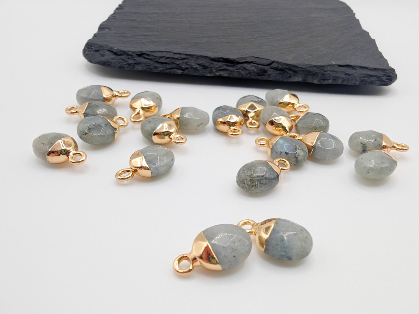 14 x 8mm Labradorite Facetted Pendant | Electroplated | Facetted Labradorite Charm | 2 Pc