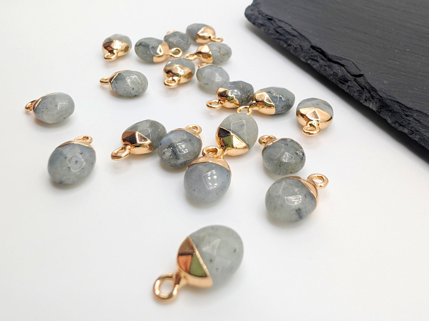 14 x 8mm Labradorite Facetted Pendant | Electroplated | Facetted Labradorite Charm | 2 Pc
