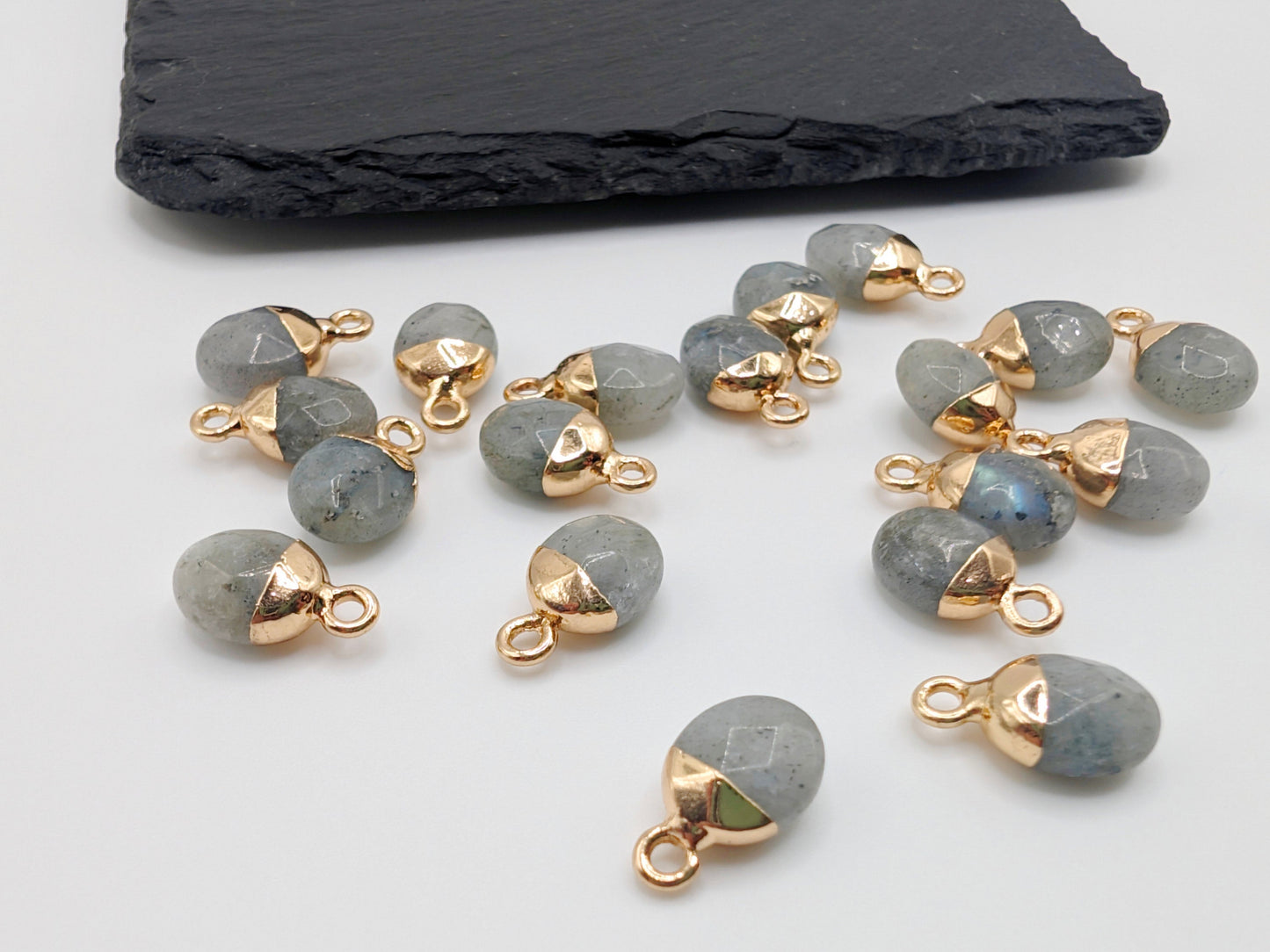 14 x 8mm Labradorite Facetted Pendant | Electroplated | Facetted Labradorite Charm | 2 Pc