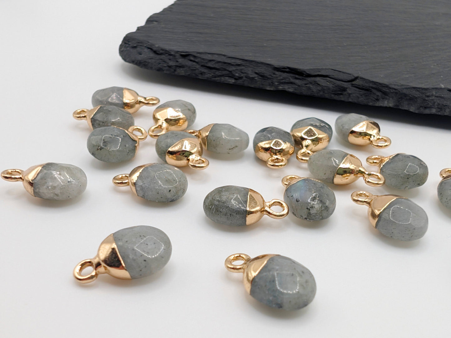 14 x 8mm Labradorite Facetted Pendant | Electroplated | Facetted Labradorite Charm | 2 Pc