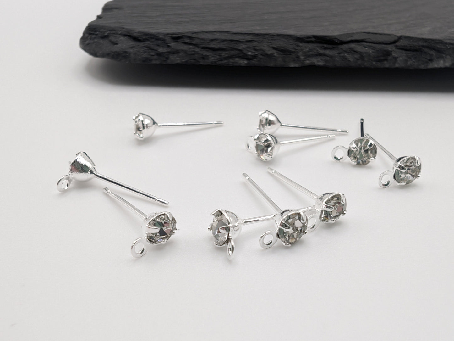 4mm Silver Plated Cubic Zirconia Studs with a Loop | 5 Pairs
