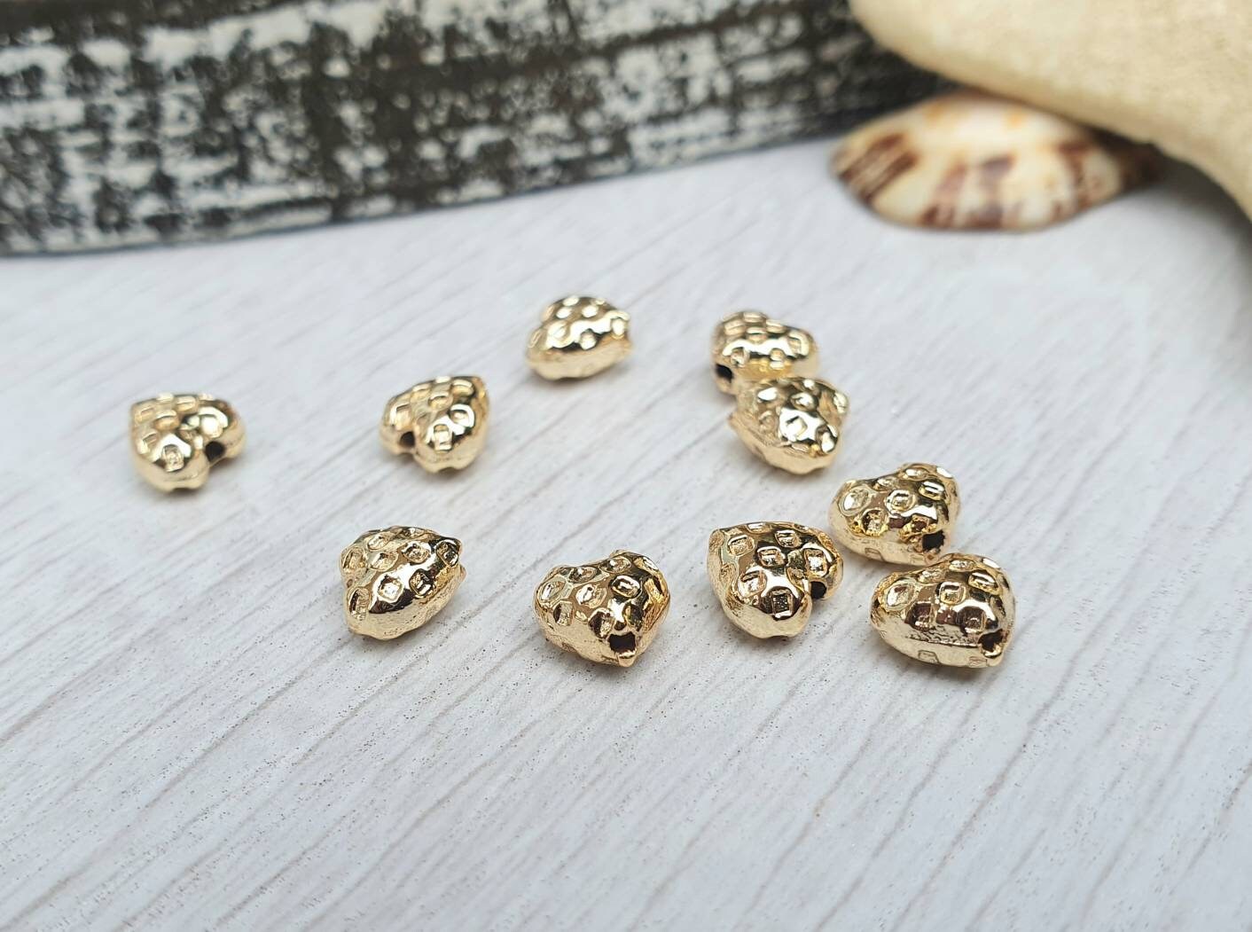 6 x 6mm Gold Plated Spotted Puff Heart Beads | 10 Pcs