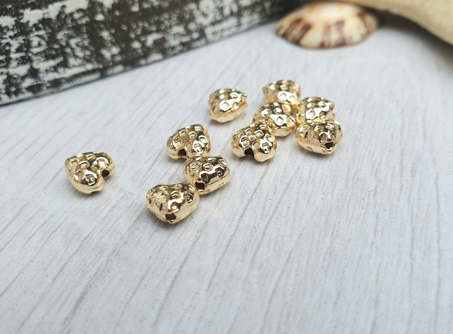6 x 6mm Gold Plated Spotted Puff Heart Beads | 10 Pcs