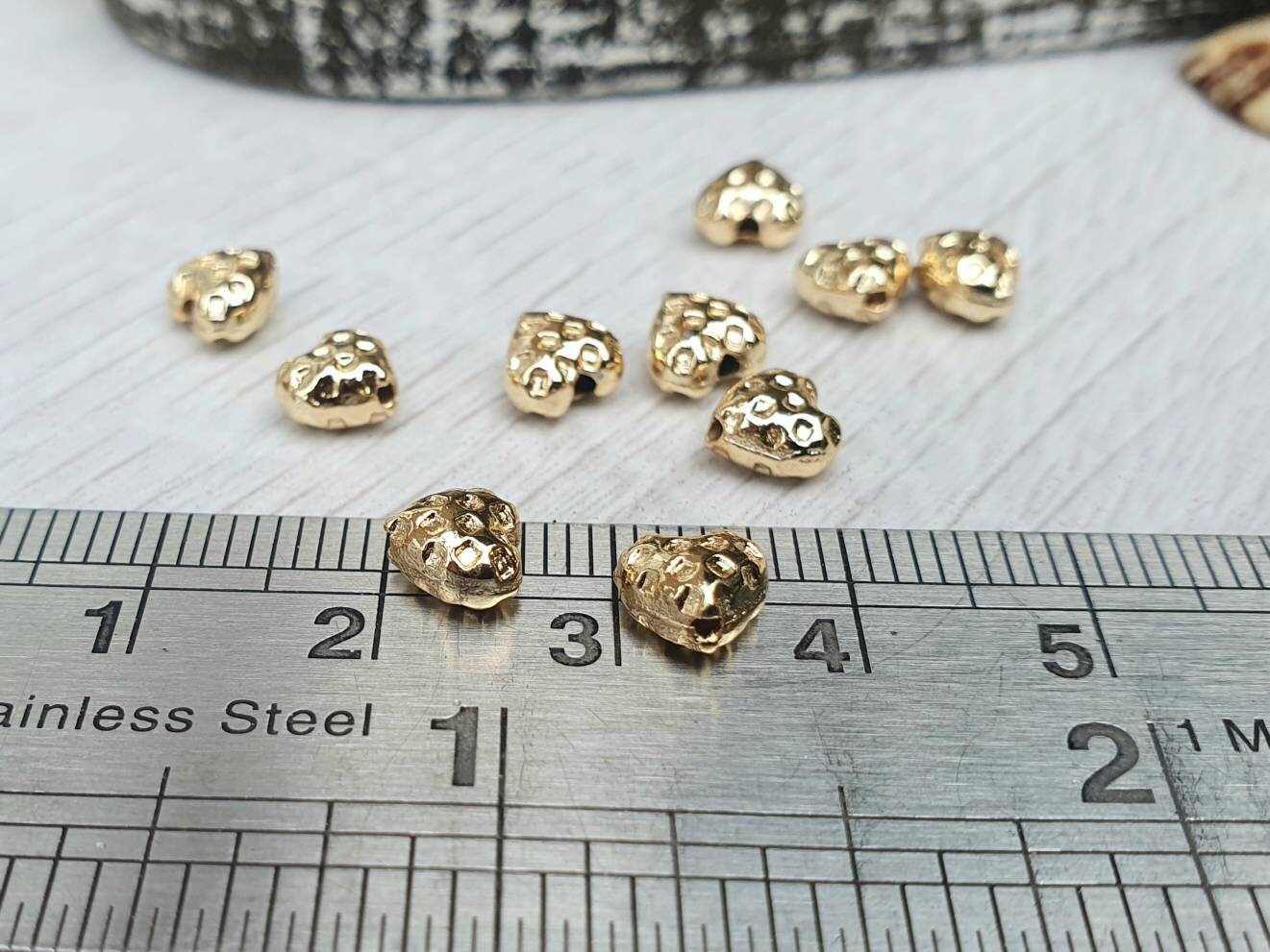 6 x 6mm Gold Plated Spotted Puff Heart Beads | 10 Pcs