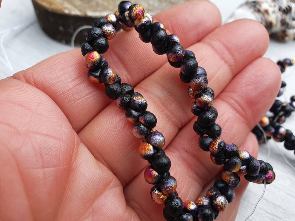 4mm Black Infernal Etched Mushroom Button Beads | Full Strand of 50