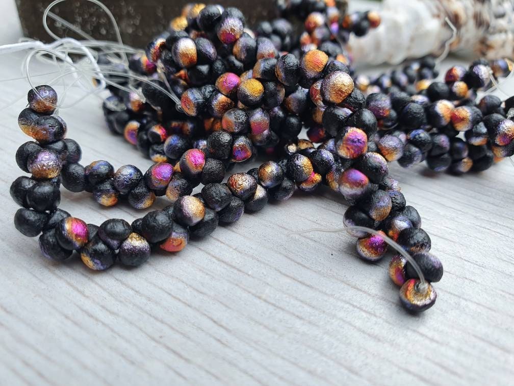 4mm Black Infernal Etched Mushroom Button Beads | Full Strand of 50
