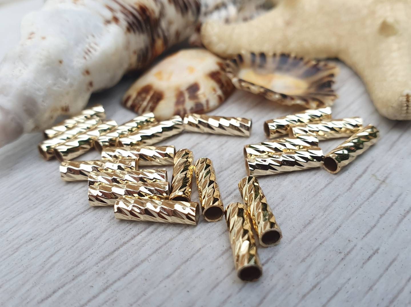 10 x 2mm Gold Plated Patterned Tube Beads | Tubular Spacer Beads | 20 Pcs