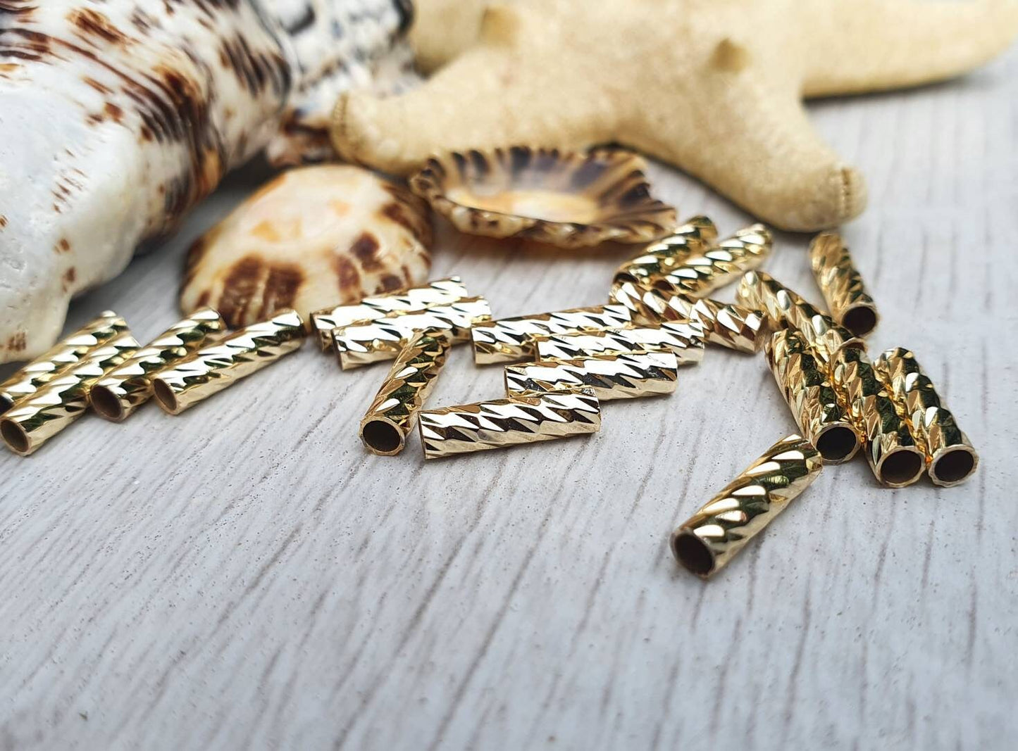 10 x 2mm Gold Plated Patterned Tube Beads | Tubular Spacer Beads | 20 Pcs