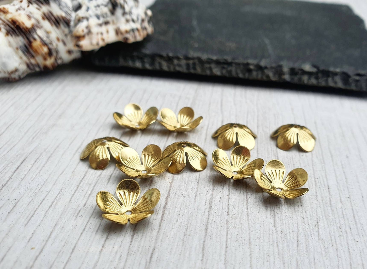 10pcs of 11mm Raw Brass Bead Caps | 5 Petal Flower Bead Caps | Flower Embellishments