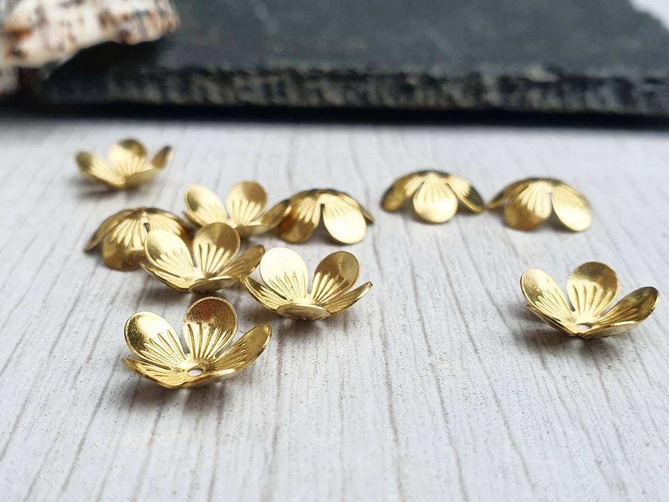 10pcs of 11mm Raw Brass Bead Caps | 5 Petal Flower Bead Caps | Flower Embellishments