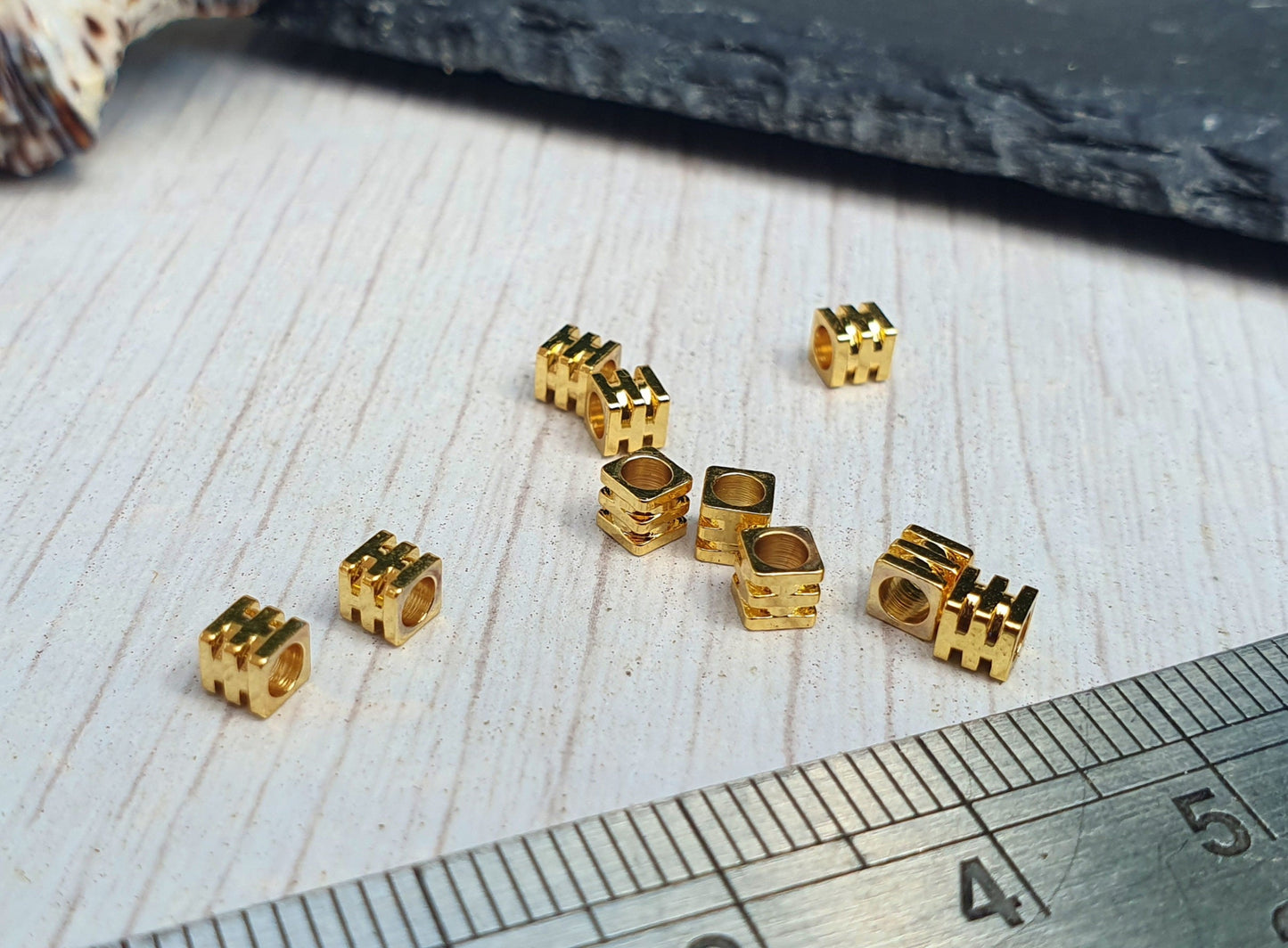 3mm 18K Gold Plated Striped Cube Beads | Square Beads | 10 Pcs