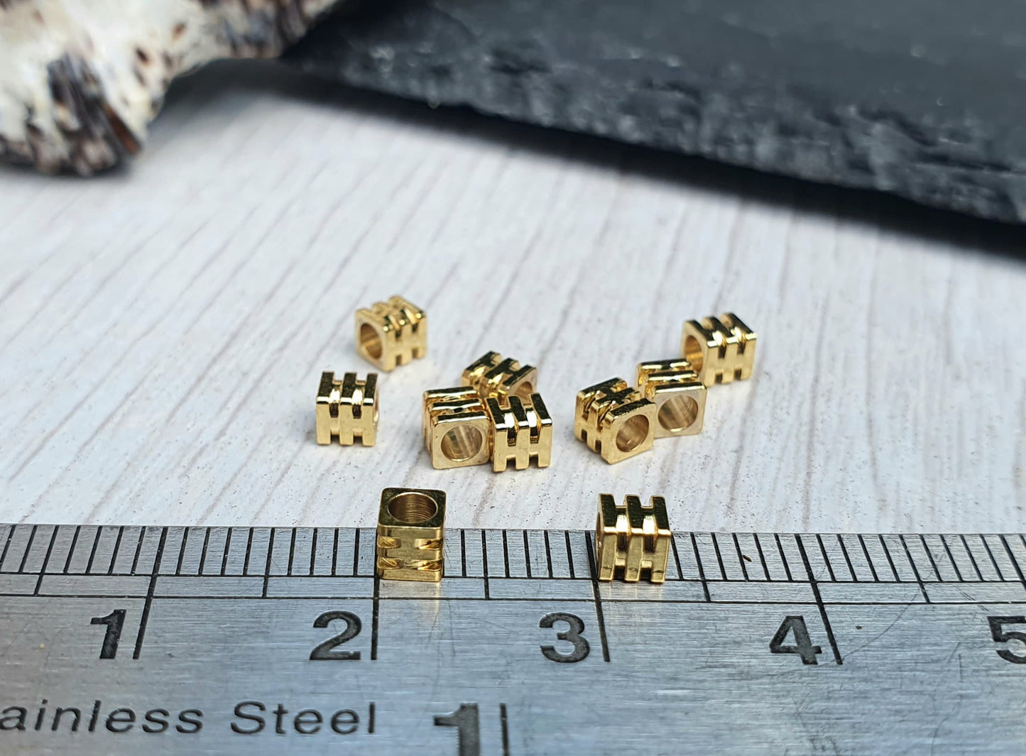 3mm 18K Gold Plated Striped Cube Beads | Square Beads | 10 Pcs