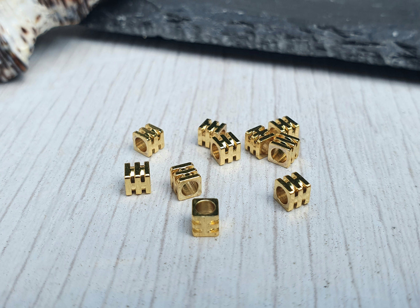 3mm 18K Gold Plated Striped Cube Beads | Square Beads | 10 Pcs