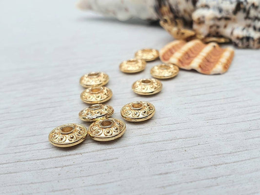 7 x 7mm Gold Plated Ufo Beads | Patterned Saucer Beads | 10Pcs