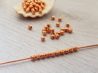 50 Pcs of 3mm Copper Melon Beads | Genuine Copper Corrugated Beads