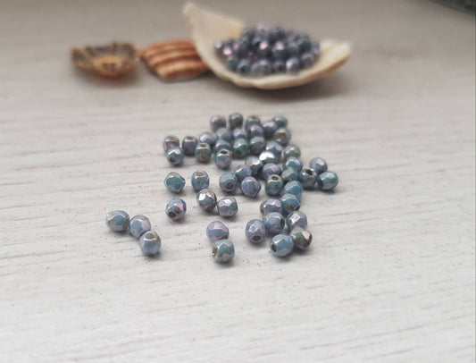 3mm Chalk White Blue Luster | Czech Glass Firepolish Beads | Luster Beads | 50 Pcs