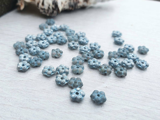 5mm Baby Blue Etched with a Turquoise Wash Forget-me-Not Spacer Beads | Full Strand of 50 Beads
