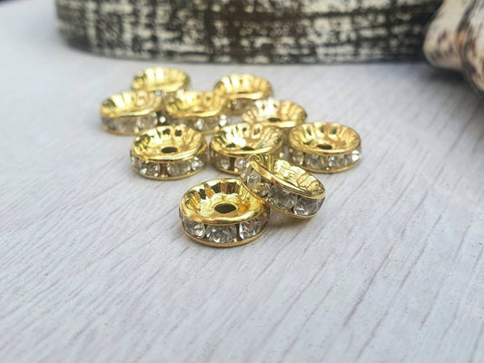 10mm Gold Plated and Rhinestone Spacer Beads | 10Pcs