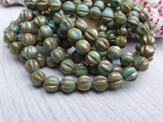 6mm Blue Turquiose With Picasso Finish | Melon Beads | Full Strand of 25 Beads