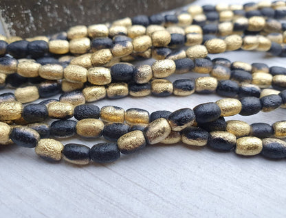 4 x 6mm Black Gold Etched Rice Beads | Full Strand of 50 Beads