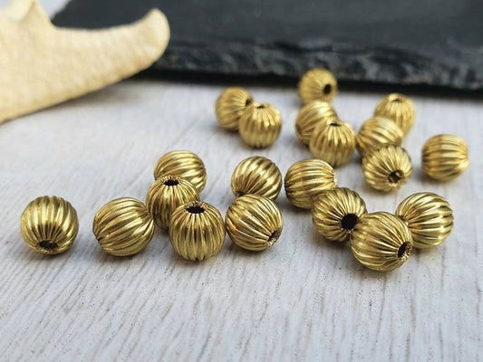 6mm Raw Brass Melon Beads | Corrugated Brass Beads | 20 Pcs