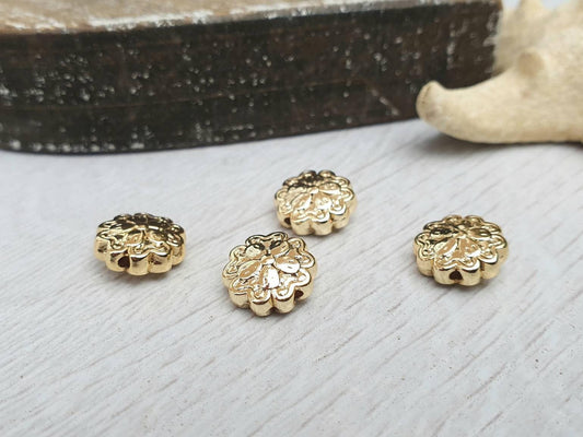 10mm Gold Plated Flower Beads | Embossed Spacer Beads | 4Pcs