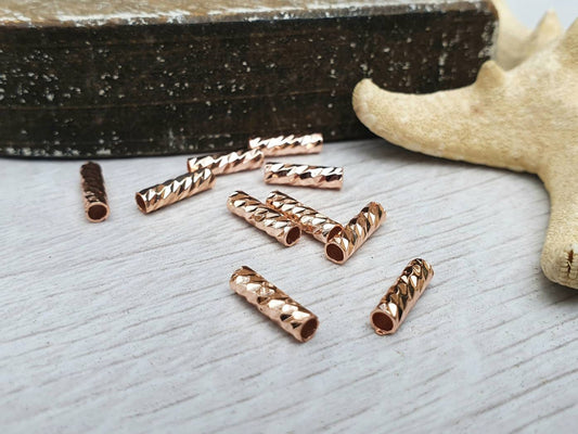 10 x 3mm Rose Gold Plated Patterned Tube Beads | Tubular Spacer Beads | 10 Pcs